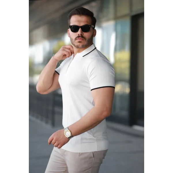 Erkek Fermuar Yakalı çizgi Dokulu Kısa Kollu Tişört
