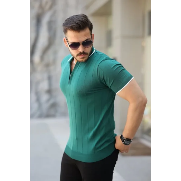 Erkek Fermuar Yakalı çizgi Dokulu Kısa Kollu Tişört