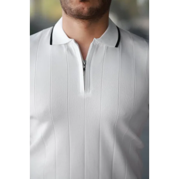 Erkek Fermuar Yakalı çizgi Dokulu Kısa Kollu Tişört