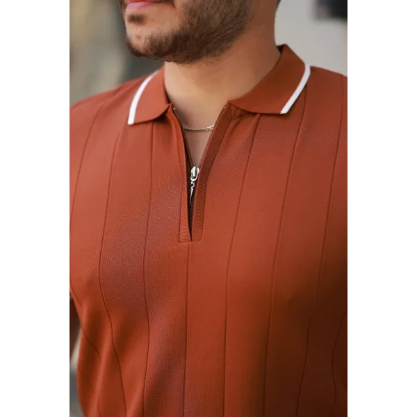 Erkek Fermuar Yakalı çizgi Dokulu Kısa Kollu Tişört