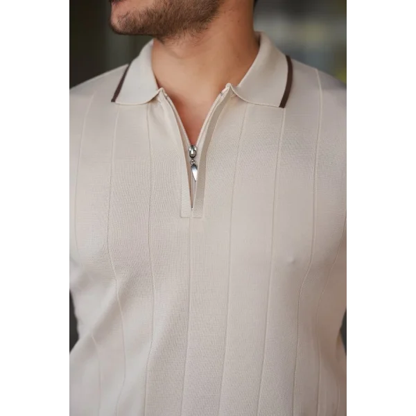 Erkek Fermuar Yakalı çizgi Dokulu Kısa Kollu Tişört