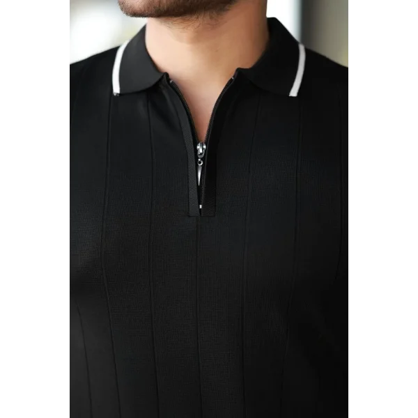 Erkek Fermuar Yakalı çizgi Dokulu Kısa Kollu Tişört