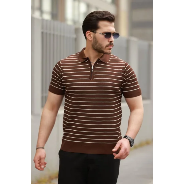 Erkek Fermuar Yakalı çizgili Kısa Kollu T-shirt