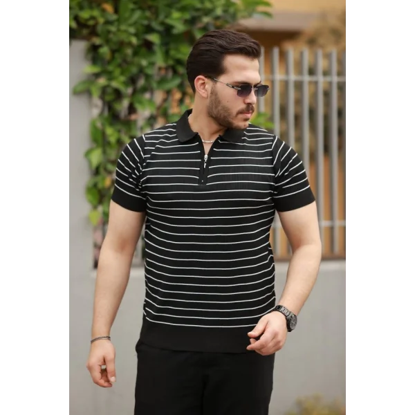 Erkek Fermuar Yakalı çizgili Kısa Kollu T-shirt