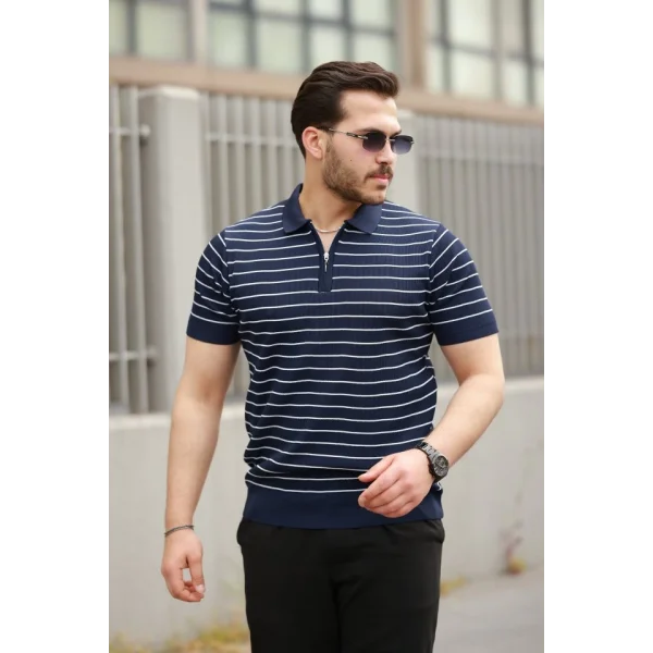 Erkek Fermuar Yakalı çizgili Kısa Kollu T-shirt