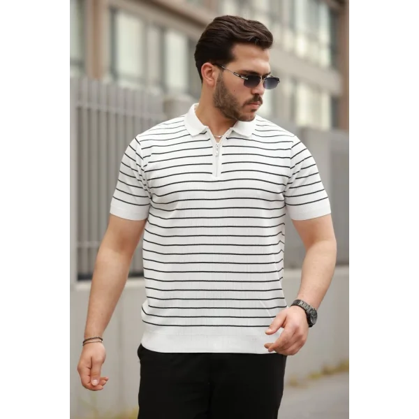 Erkek Fermuar Yakalı çizgili Kısa Kollu T-shirt