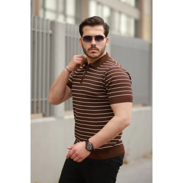 Erkek Fermuar Yakalı çizgili Kısa Kollu T-shirt