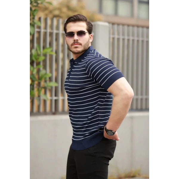 Erkek Fermuar Yakalı çizgili Kısa Kollu T-shirt