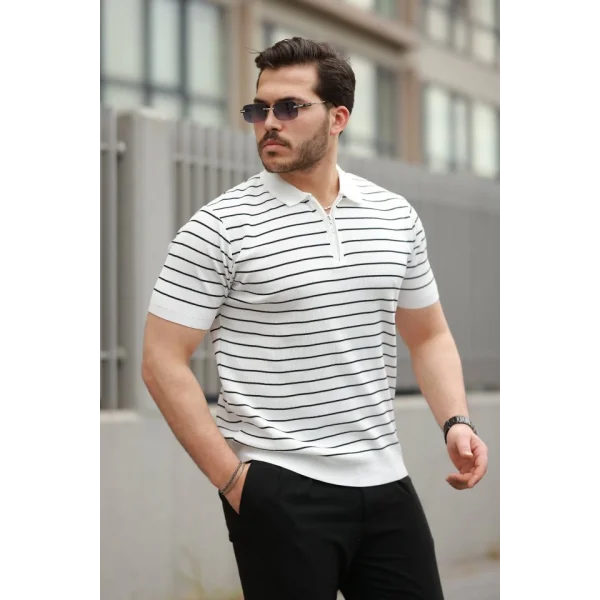 Erkek Fermuar Yakalı çizgili Kısa Kollu T-shirt