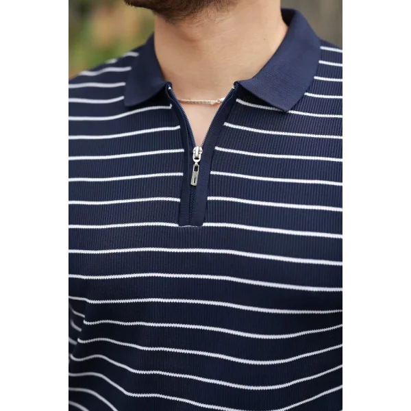 Erkek Fermuar Yakalı çizgili Kısa Kollu T-shirt