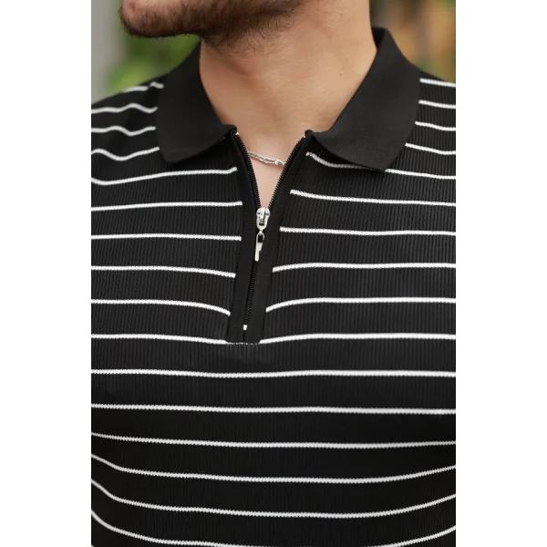 Erkek Fermuar Yakalı çizgili Kısa Kollu T-shirt