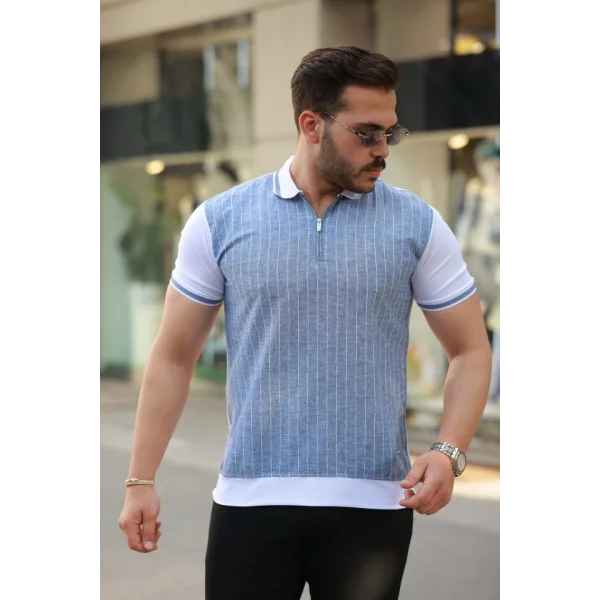 Erkek Fermuar Yakalı çizgili Kısa Kollu Tişört