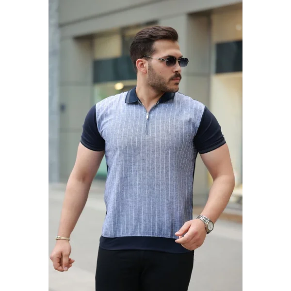 Erkek Fermuar Yakalı çizgili Kısa Kollu Tişört