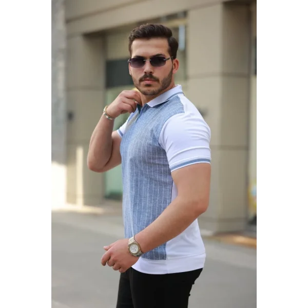 Erkek Fermuar Yakalı çizgili Kısa Kollu Tişört