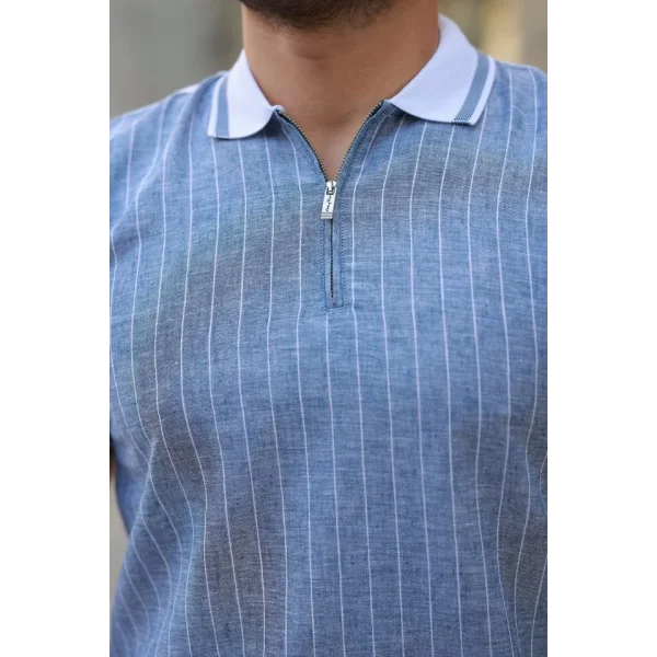 Erkek Fermuar Yakalı çizgili Kısa Kollu Tişört