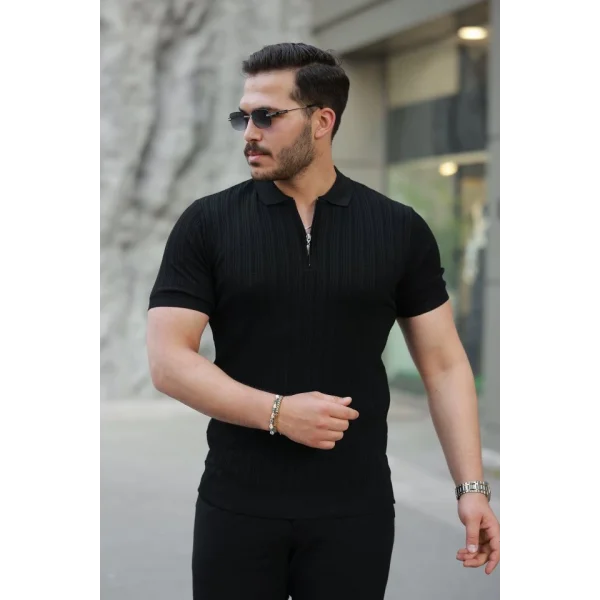 Erkek Fermuar Yakalı Kısa Kollu Tişört