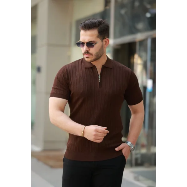 Erkek Fermuar Yakalı Kısa Kollu Tişört