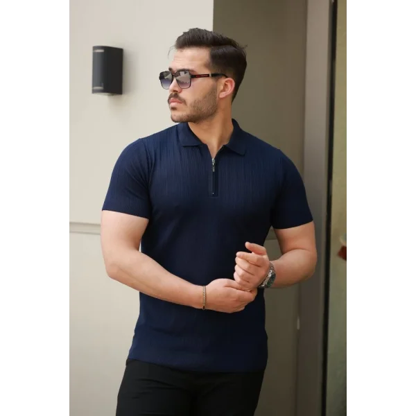 Erkek Fermuar Yakalı Kısa Kollu Tişört