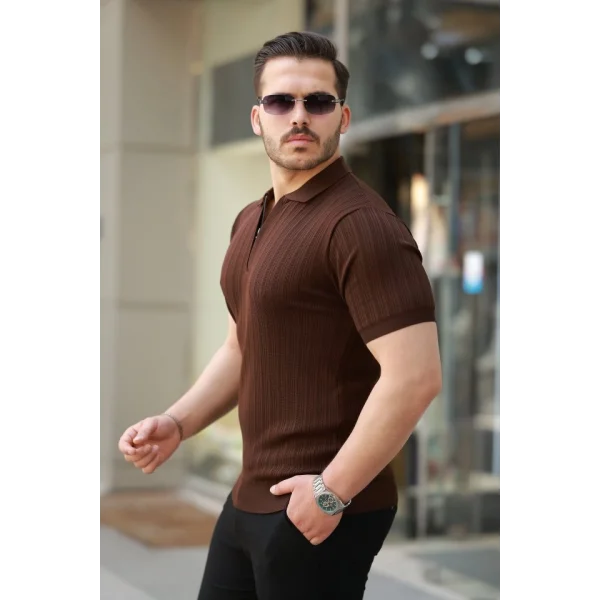 Erkek Fermuar Yakalı Kısa Kollu Tişört