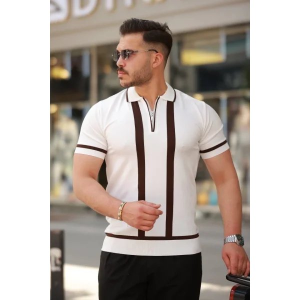 Erkek Fermuar Yakalı şerit Detaylı Kısa Kollu Tişört