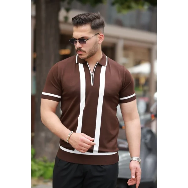 Erkek Fermuar Yakalı şerit Detaylı Kısa Kollu Tişört