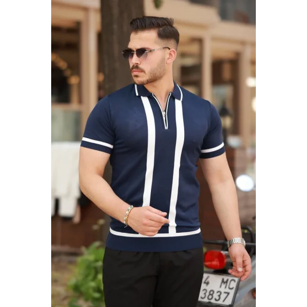 Erkek Fermuar Yakalı şerit Detaylı Kısa Kollu Tişört