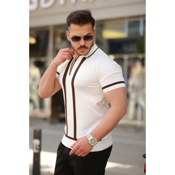 Erkek Fermuar Yakalı şerit Detaylı Kısa Kollu Tişört