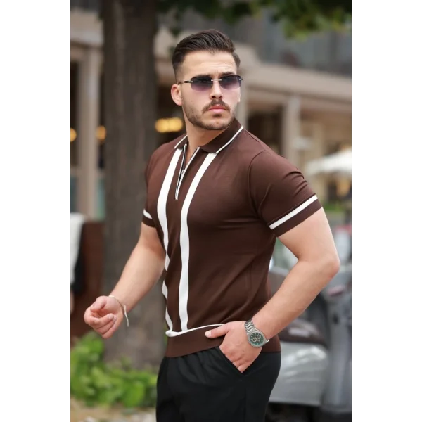 Erkek Fermuar Yakalı şerit Detaylı Kısa Kollu Tişört