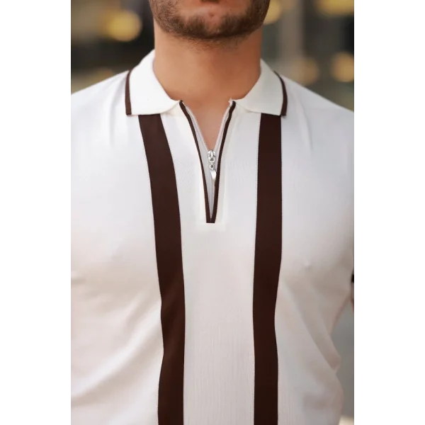 Erkek Fermuar Yakalı şerit Detaylı Kısa Kollu Tişört