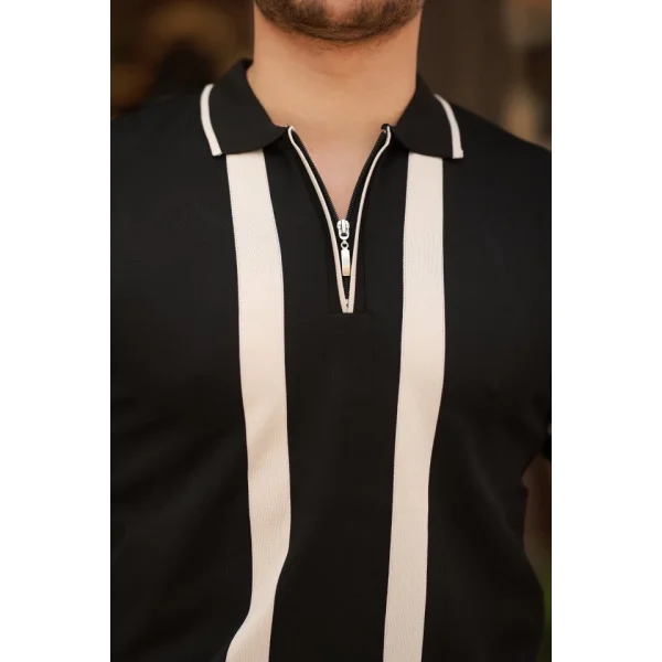 Erkek Fermuar Yakalı şerit Detaylı Kısa Kollu Tişört