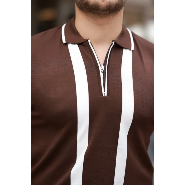 Erkek Fermuar Yakalı şerit Detaylı Kısa Kollu Tişört