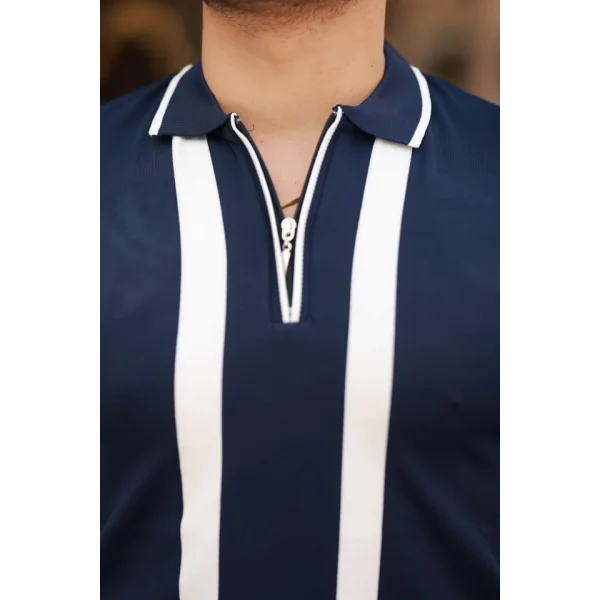 Erkek Fermuar Yakalı şerit Detaylı Kısa Kollu Tişört