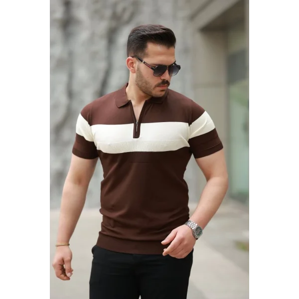 Erkek Fermuar Yakalı şerit Renk Desenli Kısa Kollu Tişört