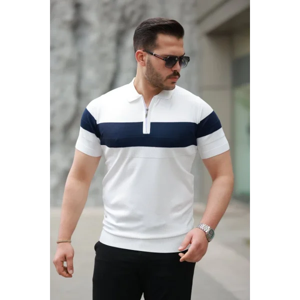 Erkek Fermuar Yakalı şerit Renk Desenli Kısa Kollu Tişört