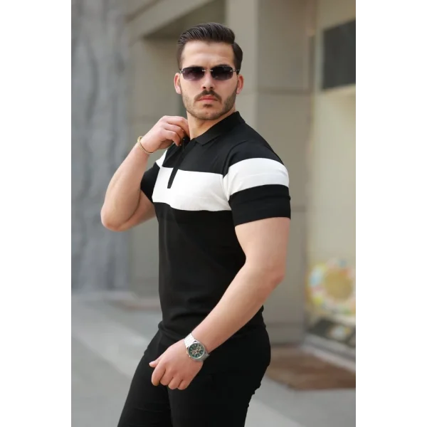 Erkek Fermuar Yakalı şerit Renk Desenli Kısa Kollu Tişört