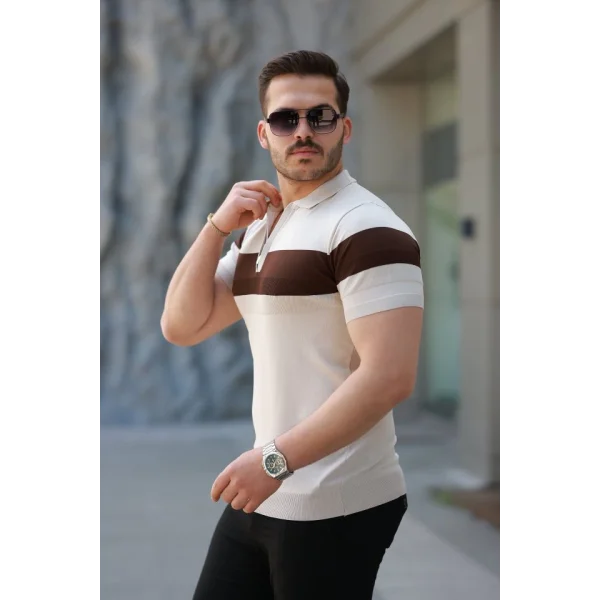 Erkek Fermuar Yakalı şerit Renk Desenli Kısa Kollu Tişört