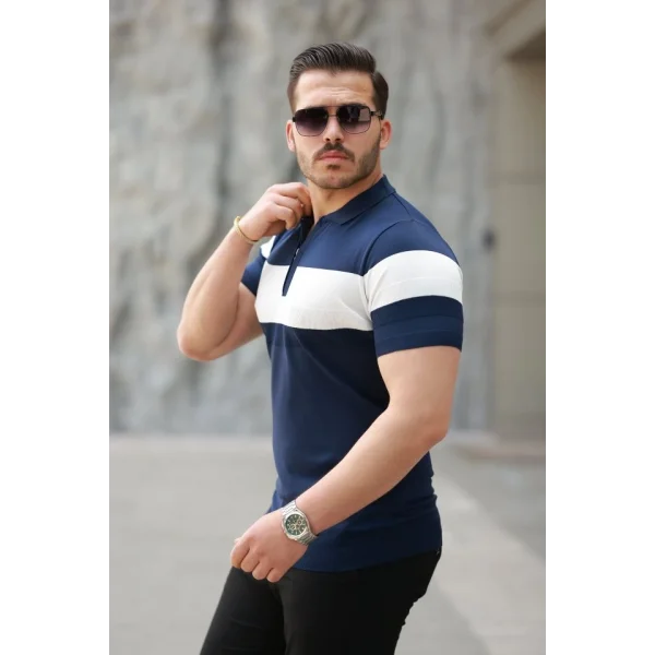 Erkek Fermuar Yakalı şerit Renk Desenli Kısa Kollu Tişört