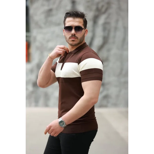 Erkek Fermuar Yakalı şerit Renk Desenli Kısa Kollu Tişört