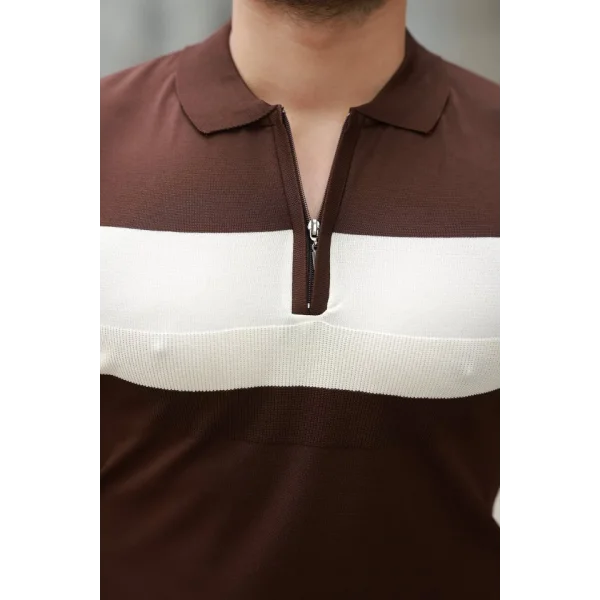 Erkek Fermuar Yakalı şerit Renk Desenli Kısa Kollu Tişört