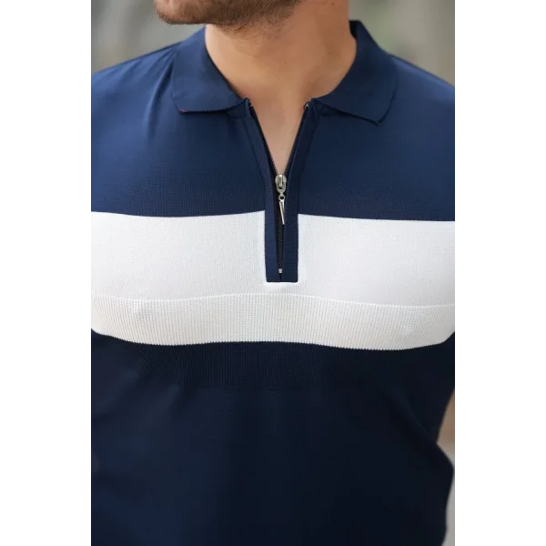 Erkek Fermuar Yakalı şerit Renk Desenli Kısa Kollu Tişört