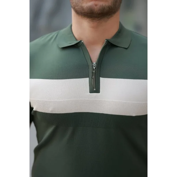 Erkek Fermuar Yakalı şerit Renk Desenli Kısa Kollu Tişört