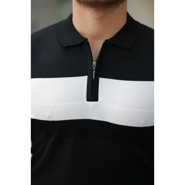 Erkek Fermuar Yakalı şerit Renk Desenli Kısa Kollu Tişört