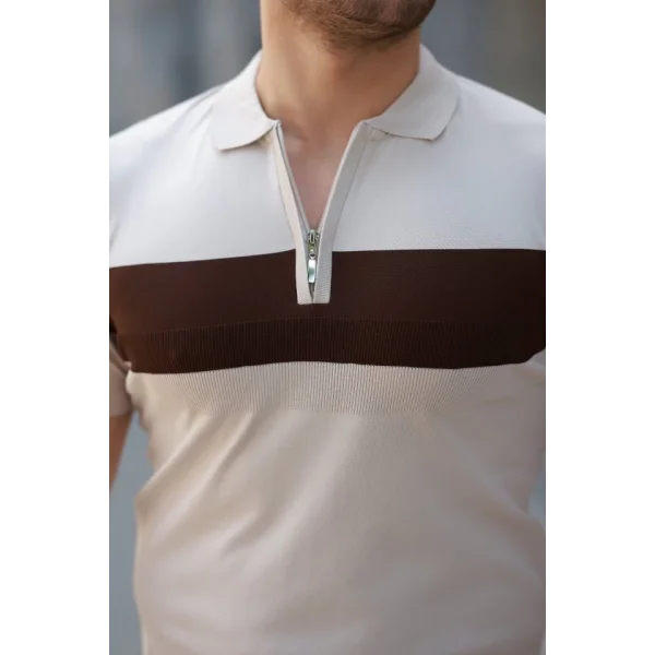 Erkek Fermuar Yakalı şerit Renk Desenli Kısa Kollu Tişört