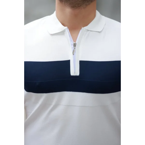 Erkek Fermuar Yakalı şerit Renk Desenli Kısa Kollu Tişört