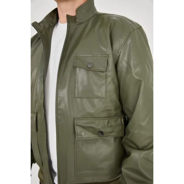 Erkek Fermuarlı İçten Elyaf ve Astarlı Suni Deri Ceket - Koyu Yeşil