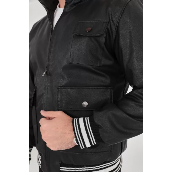 Erkek Fermuarlı İçten Elyaf ve Astarlı Suni Deri Ceket - Siyah