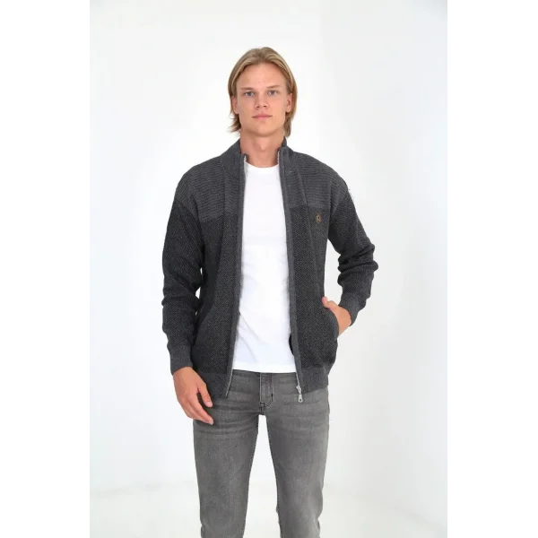 Erkek Fermuarlı Triko Hırka Yüksek Yaka, Cepli, Günlük Şık Rahat Kalıp Triko - Gri