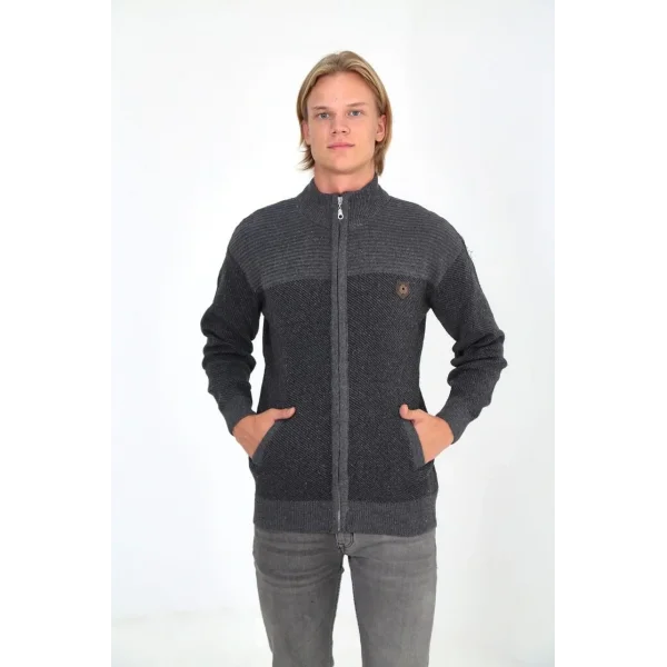 Erkek Fermuarlı Triko Hırka Yüksek Yaka, Cepli, Günlük Şık Rahat Kalıp Triko - Gri