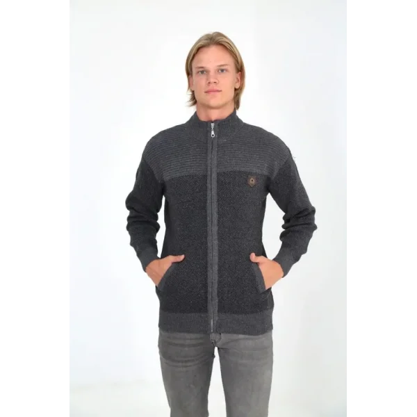 Erkek Fermuarlı Triko Hırka Yüksek Yaka, Cepli, Günlük Şık Rahat Kalıp Triko - Gri