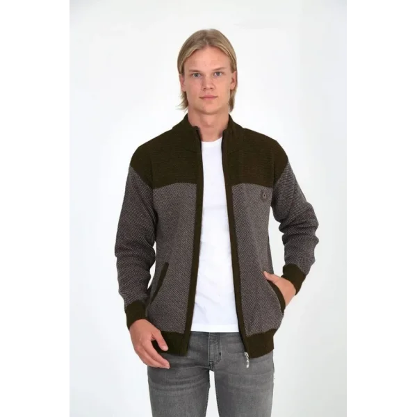 Erkek Fermuarlı Triko Hırka Yüksek Yaka, Cepli, Günlük Şık Rahat Kalıp Triko - Kahverengi